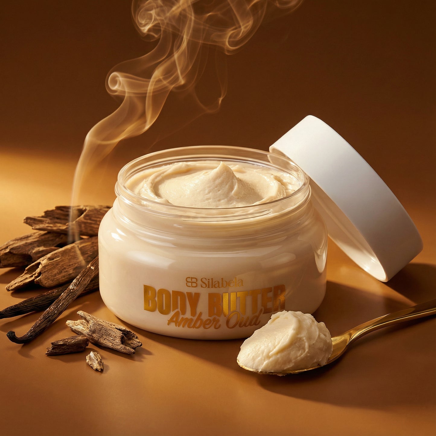 Jar of Silabola Body Butter Amber Oud on a brown background