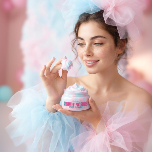 Woman holding a container of 'Baby Powder Scrub' with a colorful background