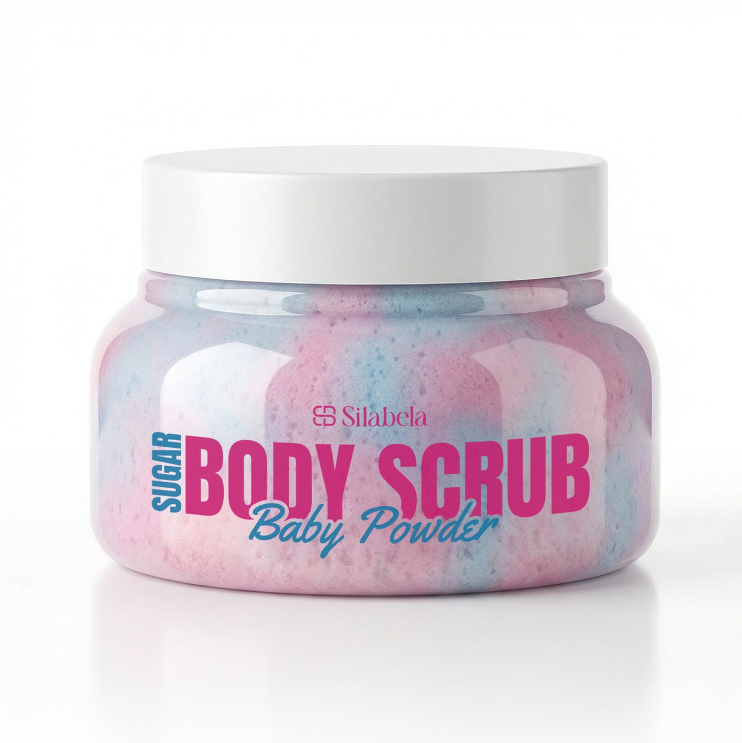 Jar of sugar body scrub with 'Silabela' branding on a white background