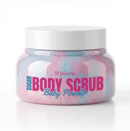 Jar of sugar body scrub with 'Silabela' branding on a white background