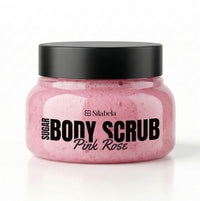 Pink body scrub jar with black lid on a white background