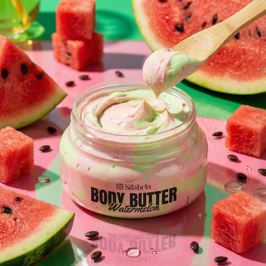 Jar of Bory Butter Watermelon with watermelon slices and seeds on a colorful background