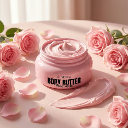 Pink Rose Butter jar with roses and rose petals on a light background